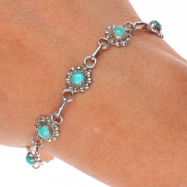 7.25" Vintage Navajo sterling silver turquoise link bracelet daisy bezels