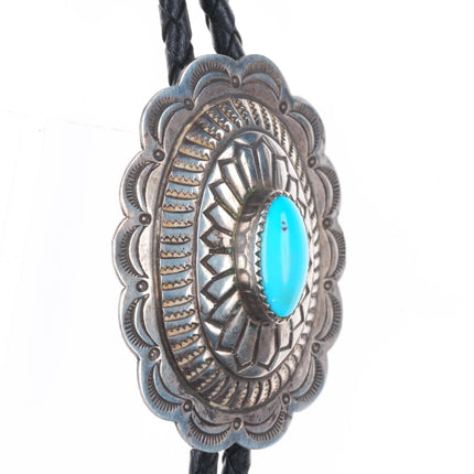 Vintage Joe Paul Navajo sterling silver concho style bolo tie w/turquoise