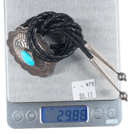 Vintage Joe Paul Navajo sterling silver concho style bolo tie w/turquoise