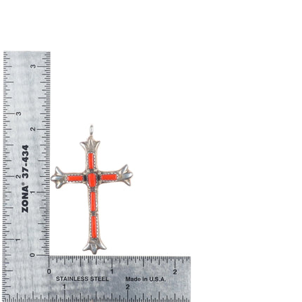 G&L Leekity Zuni sterling silver Mediterranean coral needlepoint cross pendant