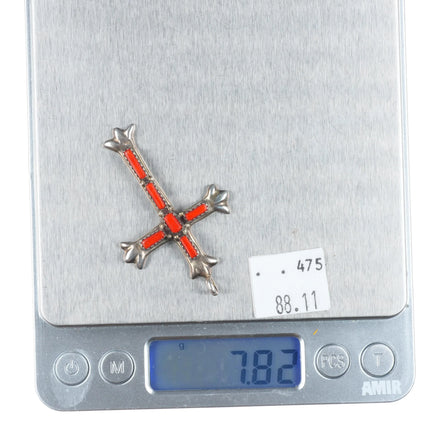 G&L Leekity Zuni sterling silver Mediterranean coral needlepoint cross pendant