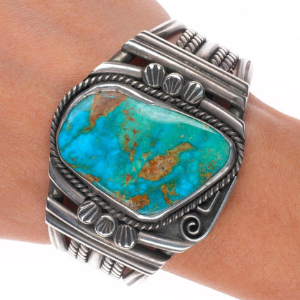 6.75" c1950's Navajo Blue Gem turquoise sterling silver cuff bracelet Battle Mtn