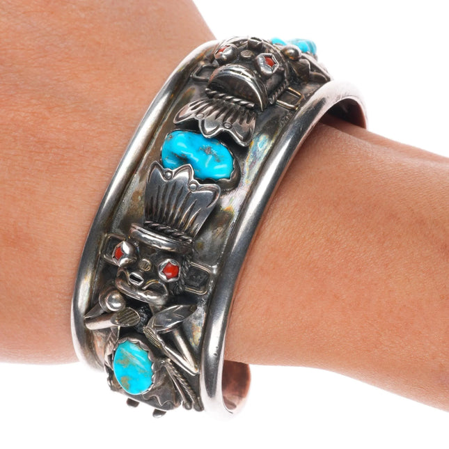 6.5" H Secatero Navajo sterling silver Kachina cuff bracelet w/turquoise/coral