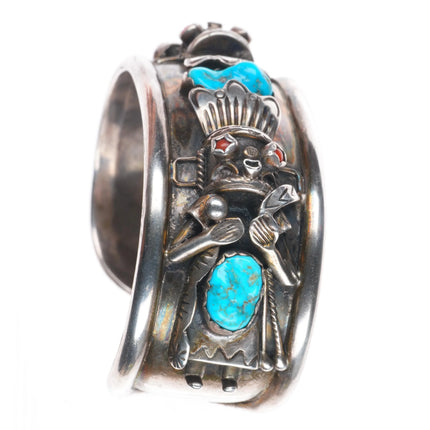 6.5" H Secatero Navajo sterling silver Kachina cuff bracelet w/turquoise/coral