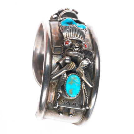 6.5" H Secatero Navajo sterling silver Kachina cuff bracelet w/turquoise/coral