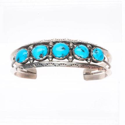 6.2" E Navajo sterling silver Kingman turquoise carinated row cuff bracelet