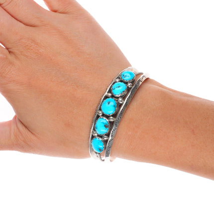 6.2" E Navajo sterling silver Kingman turquoise carinated row cuff bracelet