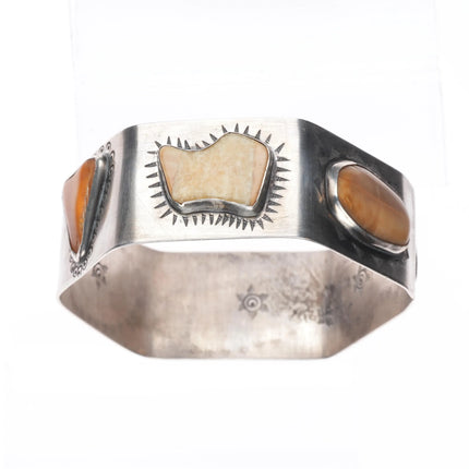 8" TH Southwestern sterling silver fossil/petrified bone/jasper bangle bracelet
