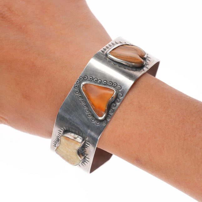 8" TH Southwestern sterling silver fossil/petrified bone/jasper bangle bracelet
