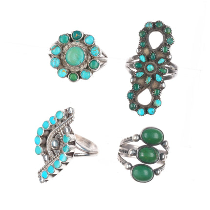 sz4-7 Vintage 40's-50's Zuni/Navajo sterling silver petit point/dishta rings lot
