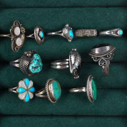 sz2.5-8 Navajo/Zuni/Southwestern sterling silver turquoise/onyx/shell rings lot