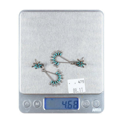 Vintage Large Zuni sterling silver needlepoint turquoise dangly earrings