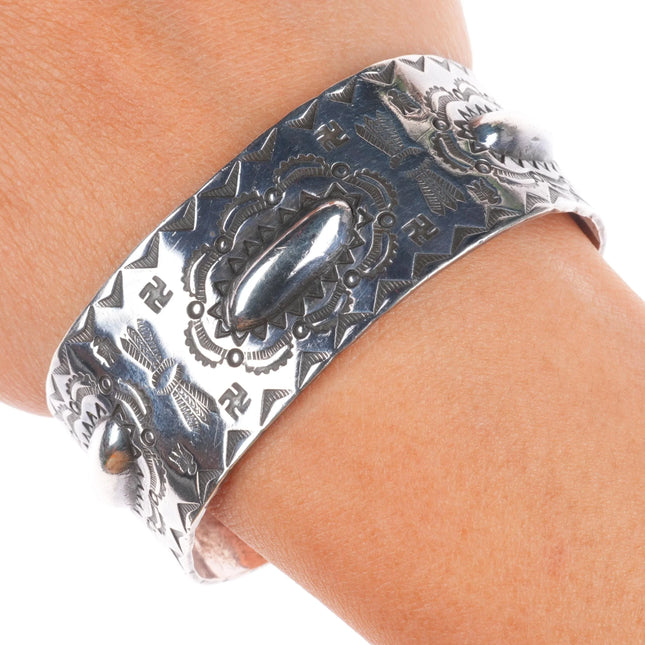 6.5" c1930 Navajo Fred Harvey Whirling log stamped sterling silver cuff bracelet