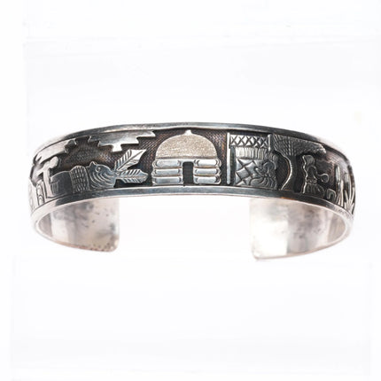 6.75" Vintage Navajo sterling silver storyteller overlay cuff bracelet