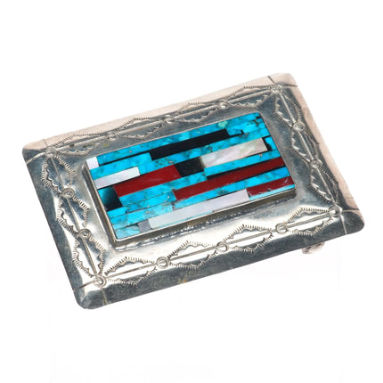 Vintage Navajo sterling silver turquoise/shell intarsia inlay belt buckle