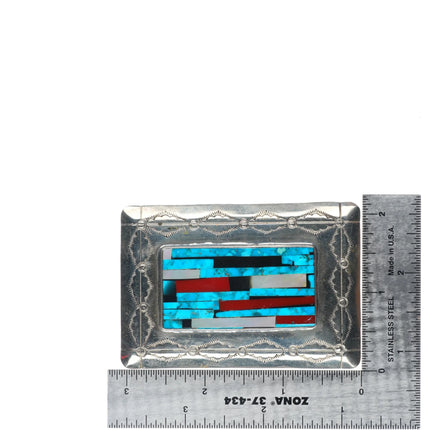 Vintage Navajo sterling silver turquoise/shell intarsia inlay belt buckle