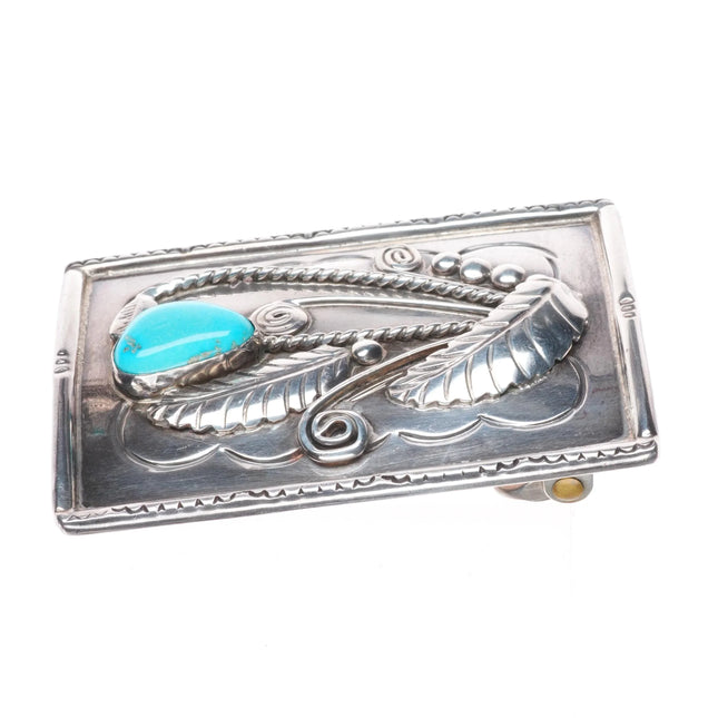 Vintage Navajo sterling silver turquoise belt buckle with turquoise/feathers