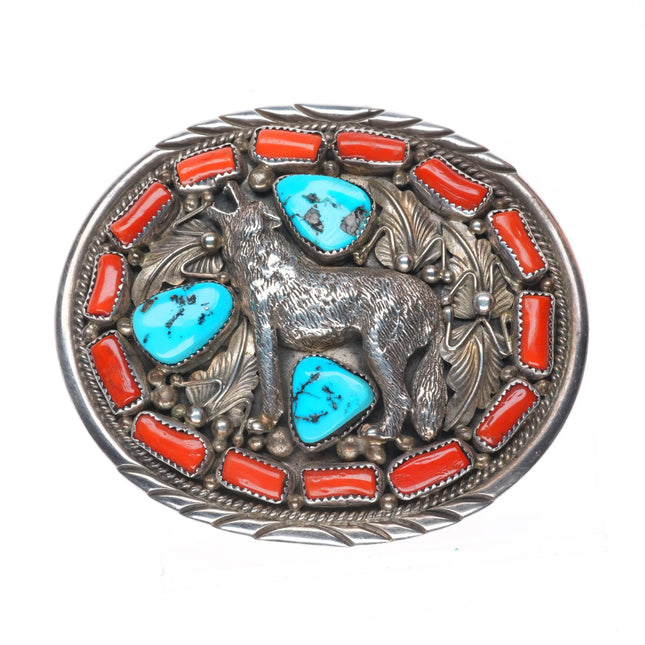 Vintage H Navajo sterling silver wolf belt buckle w/turquoise/coral border