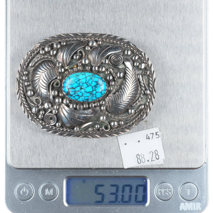 Vintage Navajo sterling silver spiderweb turquoise belt buckle c1980's.