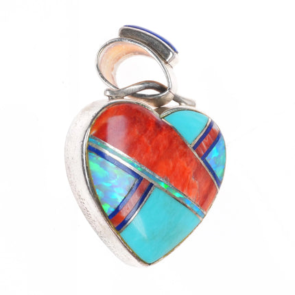 Kenneth Bitsie Navajo sterling silver, turquoise, spiny oyster heart pendant
