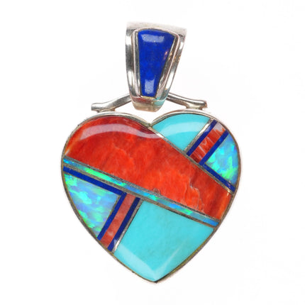 Kenneth Bitsie Navajo sterling silver, turquoise, spiny oyster heart pendant