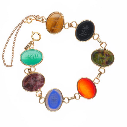 7.25" vintage solid 14k gold multi-stone carved Scarab link bracelet
