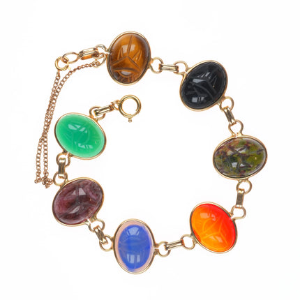 7.25" vintage solid 14k gold multi-stone carved Scarab link bracelet