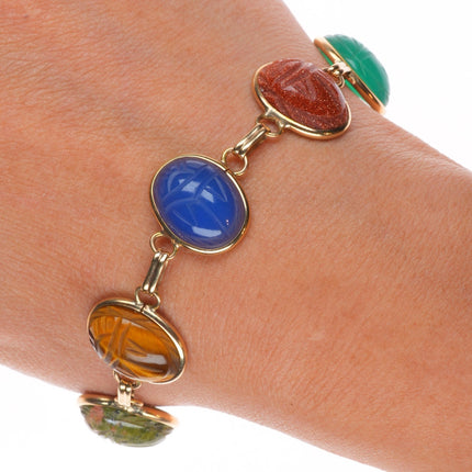 7.2" vintage solid 14k gold multi-stone carved Scarab link bracelet