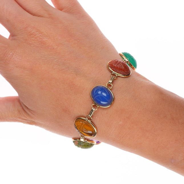 7.2" vintage solid 14k gold multi-stone carved Scarab link bracelet