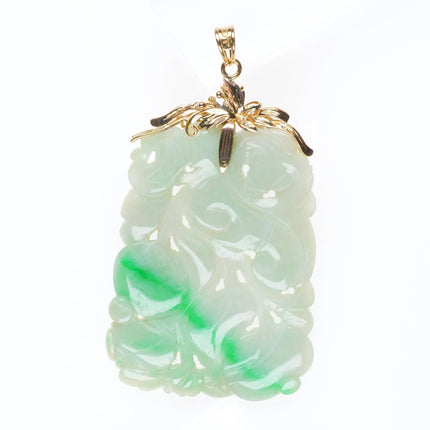 Vintage 14k gold carved moss in snow Jadeite Jade pendant