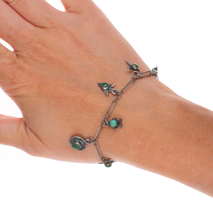 6.25" c1940 Navajo/Fred Harvey Cerillos turquoise sterling silver charm bracelet