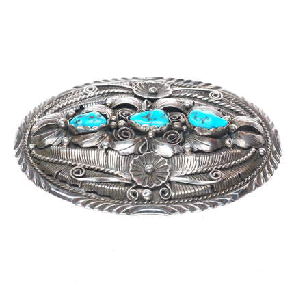 Vintage Navajo sterling silver 3 stone turquoise feather/blossom belt buckle
