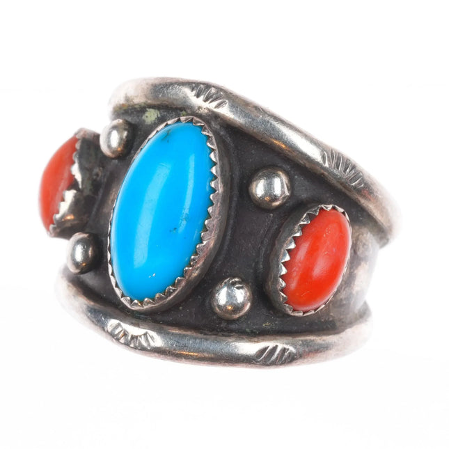 sz10.5 AR Vintage Navajo sterling silver turquoise/coral row ring