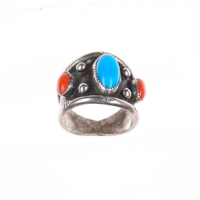 sz10.5 AR Vintage Navajo sterling silver turquoise/coral row ring