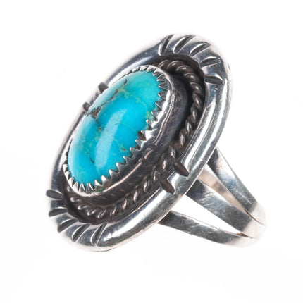 sz8.75 Navajo sterling silver rope bezel ring with nice turquoise