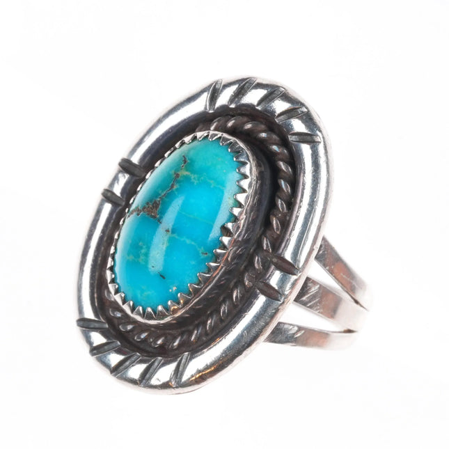 sz8.75 Navajo sterling silver rope bezel ring with nice turquoise