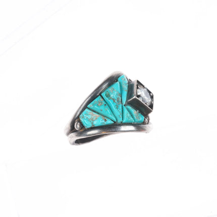 sz9  Vintage Aubrey Smith Navajo sterling silver turquoise cobblestone CZ ring