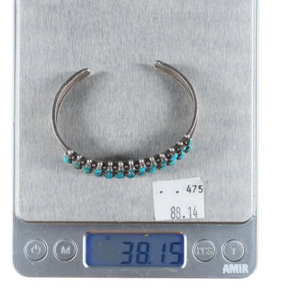 6.2" 30's-40's Zuni slanted 3 row turquoise sterling silver cuff bracelet