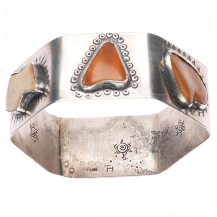 8" TH Southwestern sterling silver fossil/petrified bone/jasper bangle bracelet