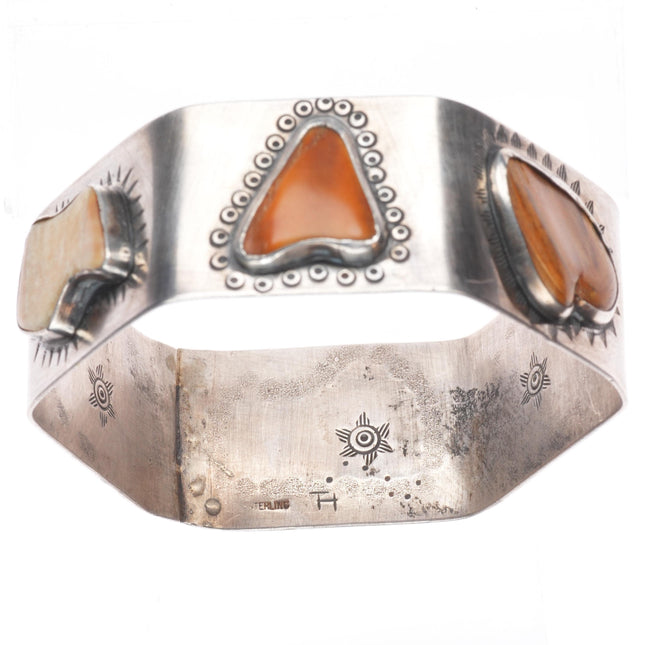 8" TH Southwestern sterling silver fossil/petrified bone/jasper bangle bracelet