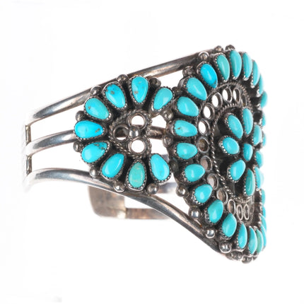 6.75" 50's-60's HTM Zuni Sterling silver turquoise cluster cuff bracelet