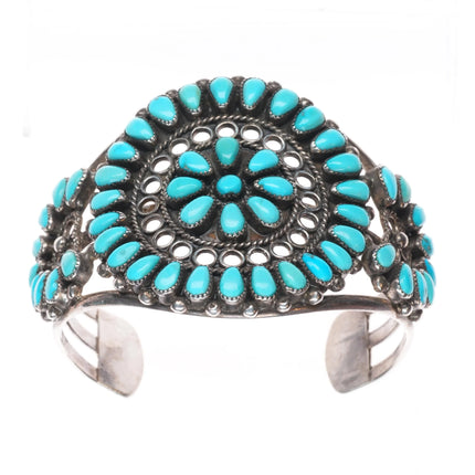 6.75" 50's-60's HTM Zuni Sterling silver turquoise cluster cuff bracelet