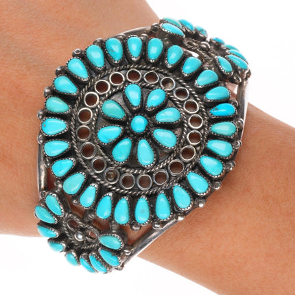 6.75" 50's-60's HTM Zuni Sterling silver turquoise cluster cuff bracelet