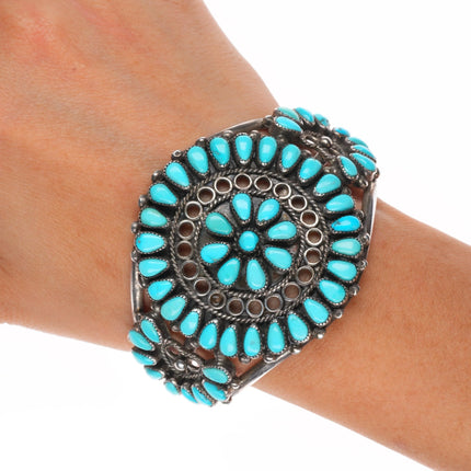 6.75" 50's-60's HTM Zuni Sterling silver turquoise cluster cuff bracelet