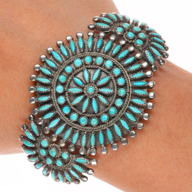 6.25" Vintage Hooee Zuni sterling silver needlepoint turquoise cuff bracelet