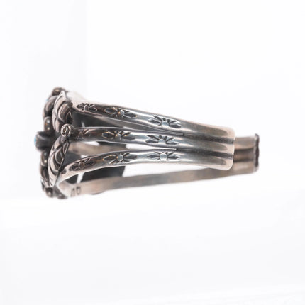 6.25" 1960's Navajo sterling silver DS featherwork cuff bracelet w/turquoise