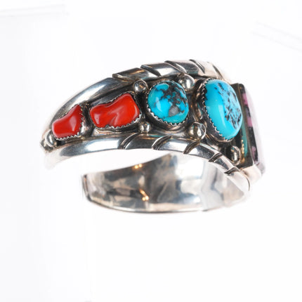 6.1" Al Lee Navajo Rhodonite, turquoise, coral - Sterling silver cuff bracelet