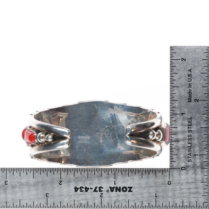 6.1" Al Lee Navajo Rhodonite, turquoise, coral - Sterling silver cuff bracelet