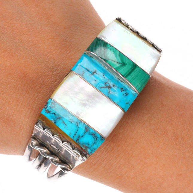 6.4" Vintage sterling silver turquoise, shell, wood, malachite cuff bracelet