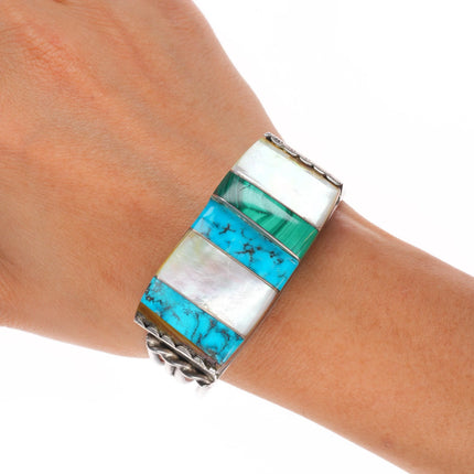 6.4" Vintage sterling silver turquoise, shell, wood, malachite cuff bracelet